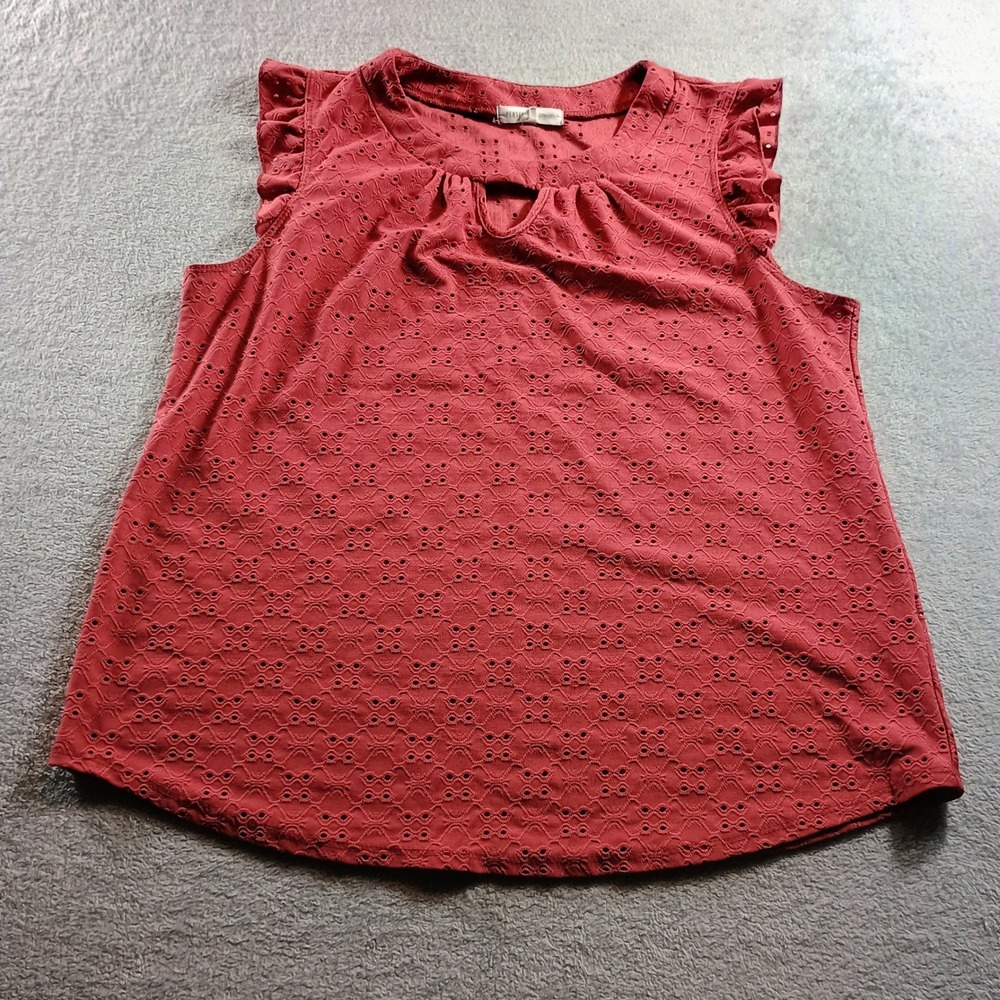Perception Concept Women Top Rust Red XL Ruffle Sleeve Eyelet Keyhole Blouse